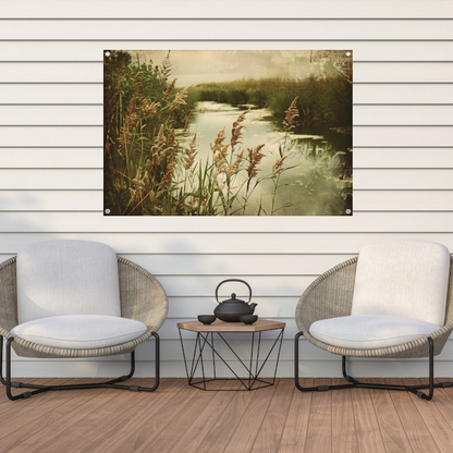 Impressionistische rivier met bomen tuinposter