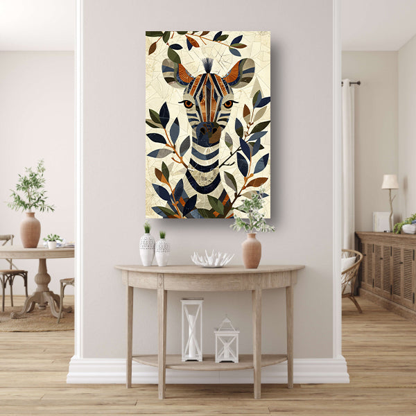 Abstract schilderij van zebra met bladeren canvas met baklijst