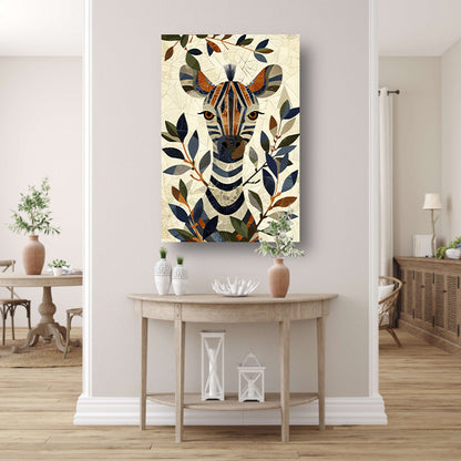 Abstract schilderij van zebra met bladeren canvas met baklijst