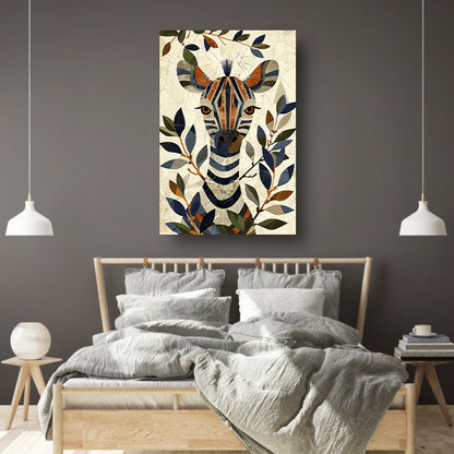 Abstract schilderij van zebra met bladeren canvas met baklijst