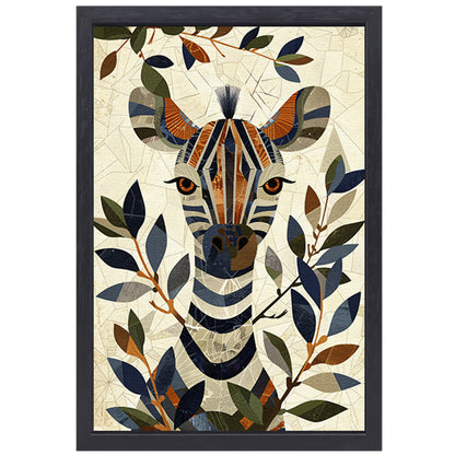 Abstract schilderij van zebra met bladeren canvas met baklijst