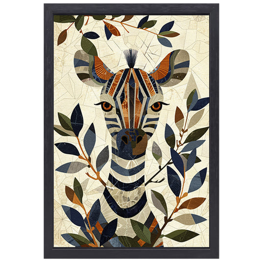 Abstract schilderij van zebra met bladeren canvas met baklijst