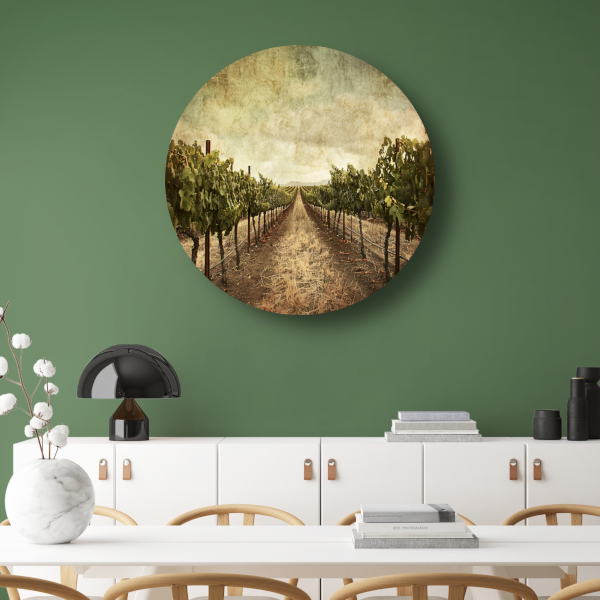 Sepia Wijngaard Landschap met Rijpe Druiven aluminium muurcirkel