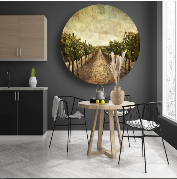 Sepia Wijngaard Landschap met Rijpe Druiven aluminium muurcirkel