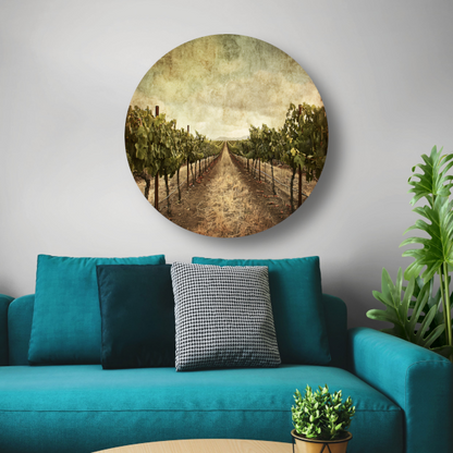 Sepia Wijngaard Landschap met Rijpe Druiven aluminium muurcirkel