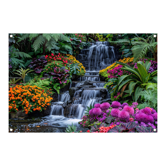 Weelderige waterval omgeven door kleurrijke bloemenpracht tuinposter