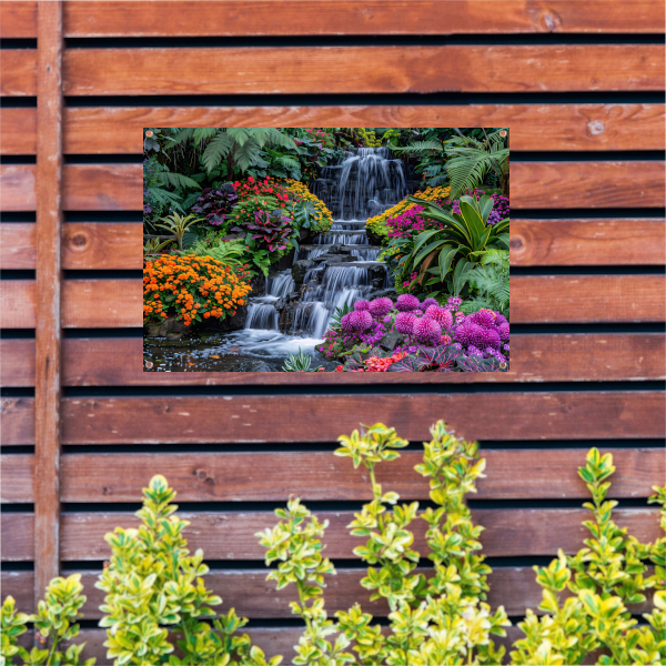 Weelderige waterval omgeven door kleurrijke bloemenpracht tuinposter