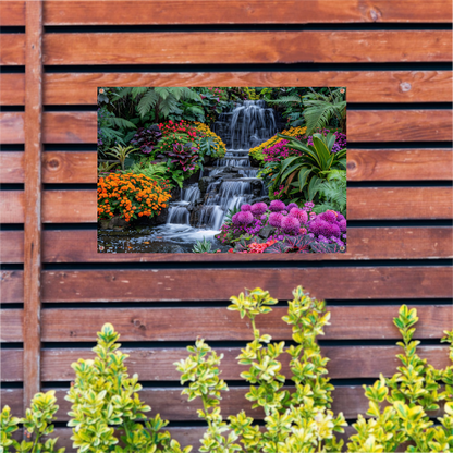 Weelderige waterval omgeven door kleurrijke bloemenpracht tuinposter