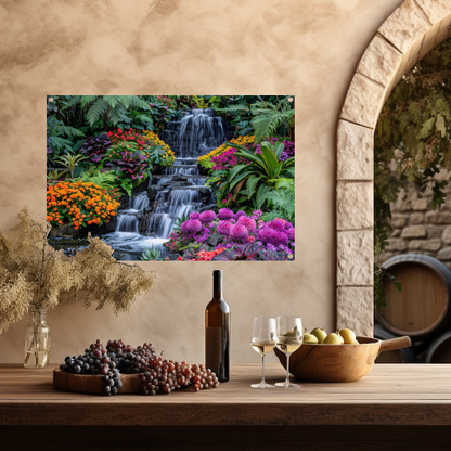 Weelderige waterval omgeven door kleurrijke bloemenpracht tuinposter