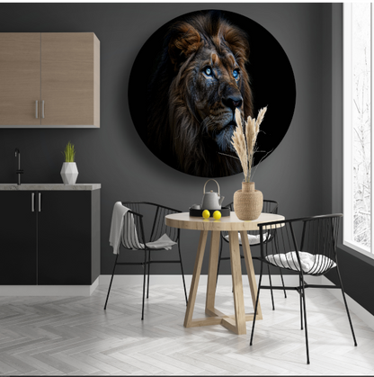 Indrukwekkend portret van majestueuze leeuw met blauwe ogen aluminium muurcirkel