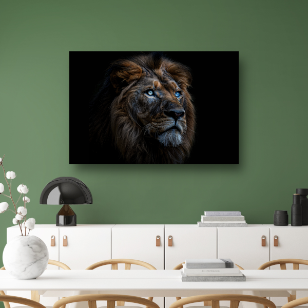 Indrukwekkend portret van majestueuze leeuw met blauwe ogen acrylglas