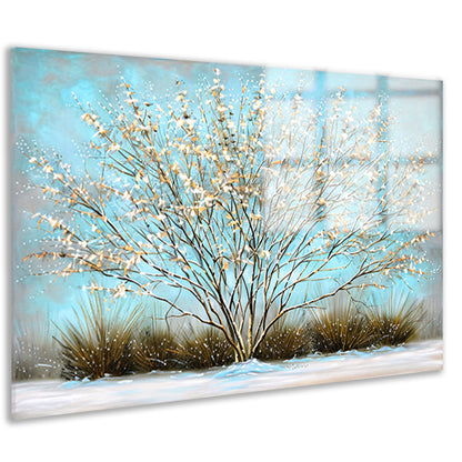 Sierlijke boom met sneeuw tegen blauwe lucht acrylglas
