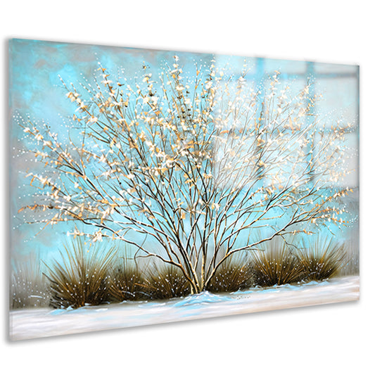 Sierlijke boom met sneeuw tegen blauwe lucht acrylglas