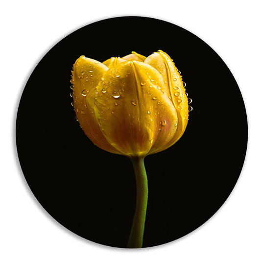 Gele tulp tegen zwarte achtergrond met dauw aluminium muurcirkel