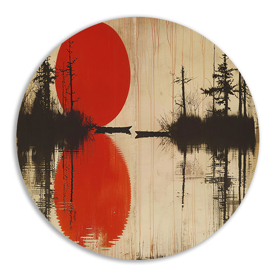 Abstracte rode zon boven water met bomen aluminium muurcirkel