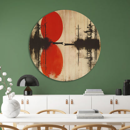 Abstracte rode zon boven water met bomen forex muurcirkel