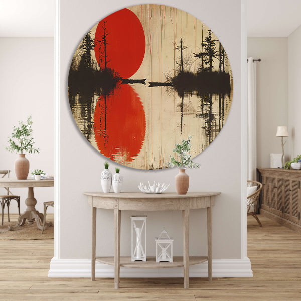 Abstracte rode zon boven water met bomen aluminium muurcirkel