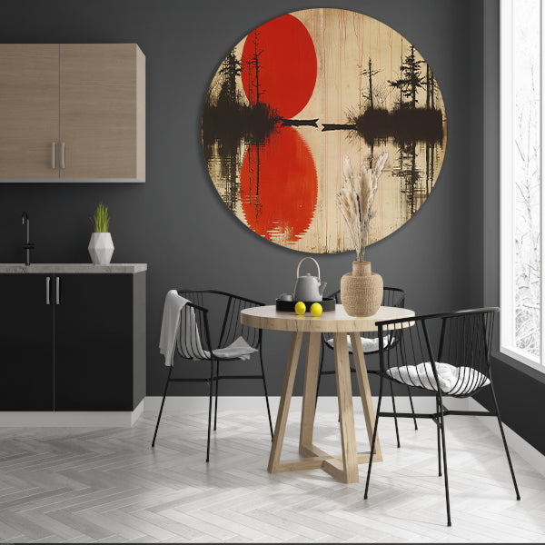 Abstracte rode zon boven water met bomen aluminium muurcirkel