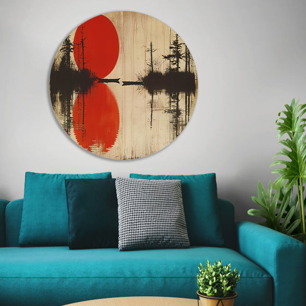 Abstracte rode zon boven water met bomen aluminium muurcirkel