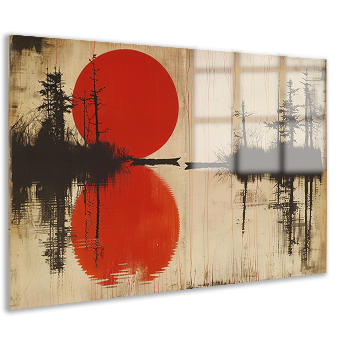 Abstracte rode zon boven water met bomen acrylglas