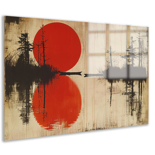 Abstracte rode zon boven water met bomen acrylglas