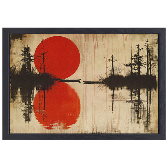 Abstracte rode zon boven water met bomen canvas met baklijst