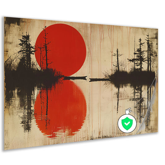 Abstracte rode zon boven water met bomen poster