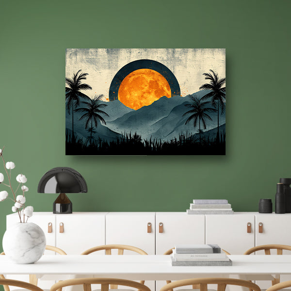 Zonsondergang tussen palmen en bergen poster