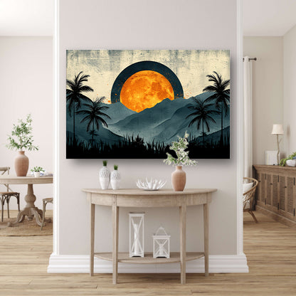 Zonsondergang tussen palmen en bergen acrylglas