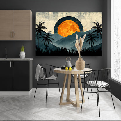Zonsondergang tussen palmen en bergen poster