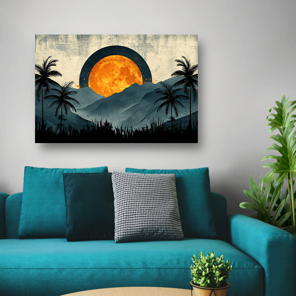 Zonsondergang tussen palmen en bergen acrylglas