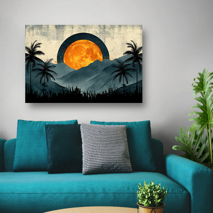 Zonsondergang tussen palmen en bergen poster