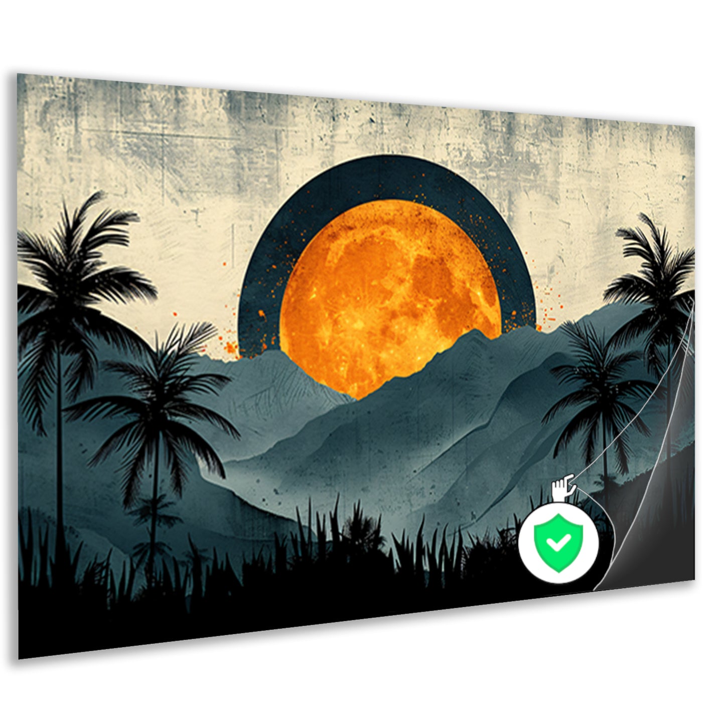 Zonsondergang tussen palmen en bergen poster