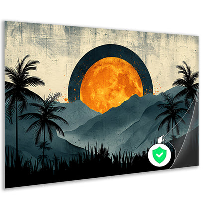 Zonsondergang tussen palmen en bergen poster