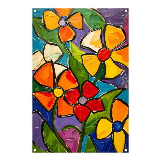 Kleurrijke en abstracte bloemenschilderij met dynamische uitstraling tuinposter