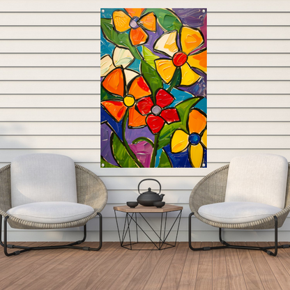Kleurrijke en abstracte bloemenschilderij met dynamische uitstraling tuinposter