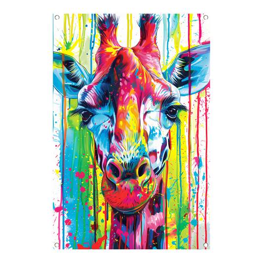 Kleurrijke giraffe met abstracte verfspetters tuinposter