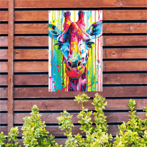 Kleurrijke giraffe met abstracte verfspetters tuinposter