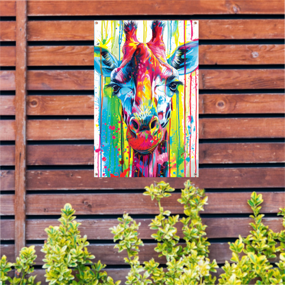 Kleurrijke giraffe met abstracte verfspetters tuinposter