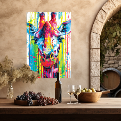 Kleurrijke giraffe met abstracte verfspetters tuinposter