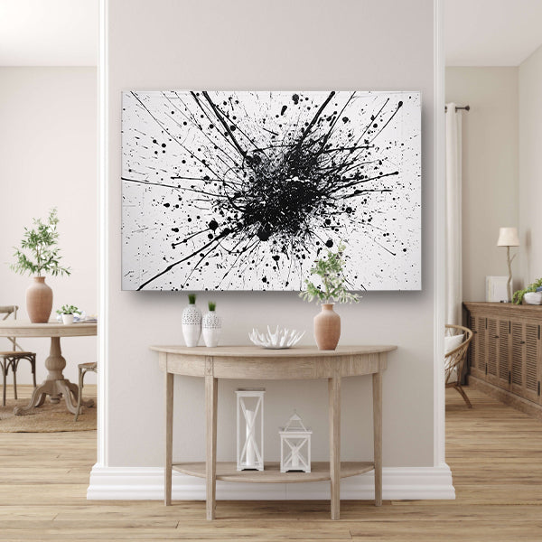 Abstracte kunst met zwarte en witte verfspatten poster