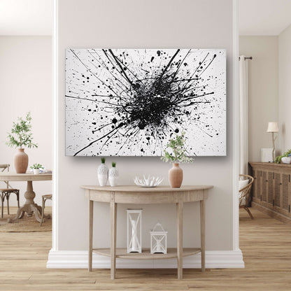 Abstracte kunst met zwarte en witte verfspatten poster