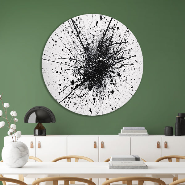 Abstracte kunst met zwarte en witte verfspatten aluminium muurcirkel