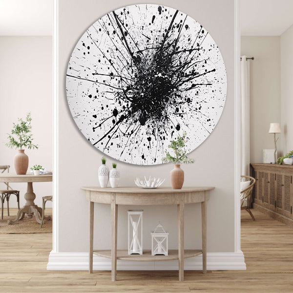 Abstracte kunst met zwarte en witte verfspatten aluminium muurcirkel