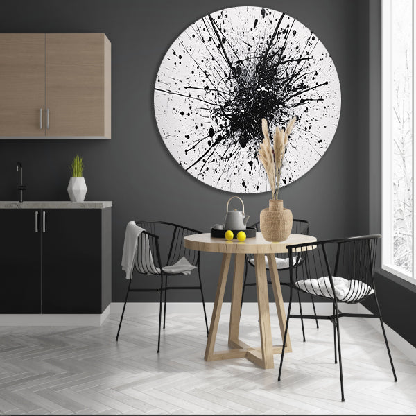 Abstracte kunst met zwarte en witte verfspatten aluminium muurcirkel