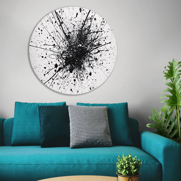 Abstracte kunst met zwarte en witte verfspatten forex muurcirkel