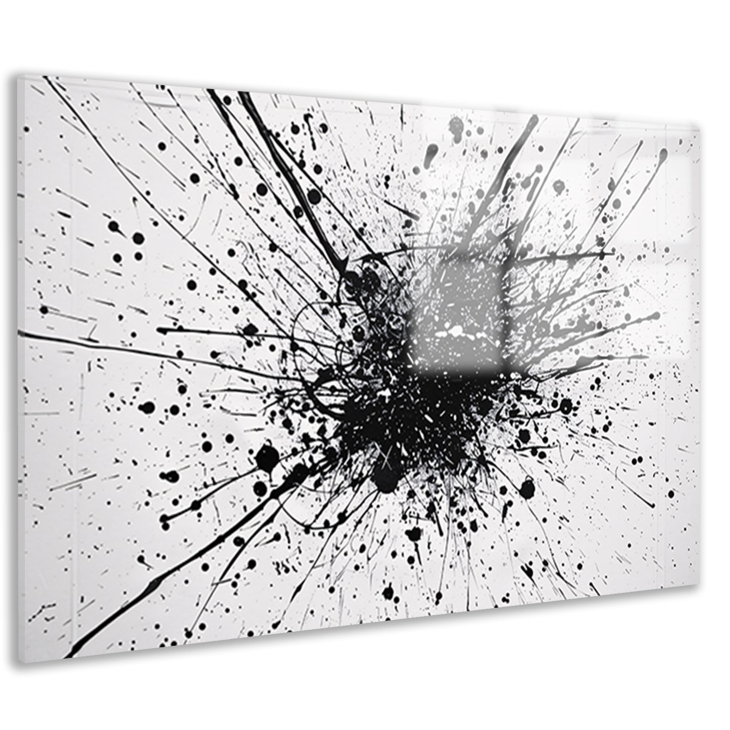 Abstracte kunst met zwarte en witte verfspatten acrylglas