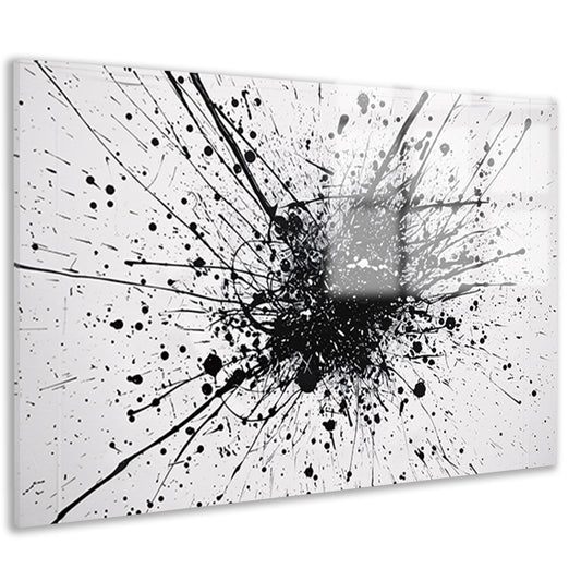 Abstracte kunst met zwarte en witte verfspatten acrylglas