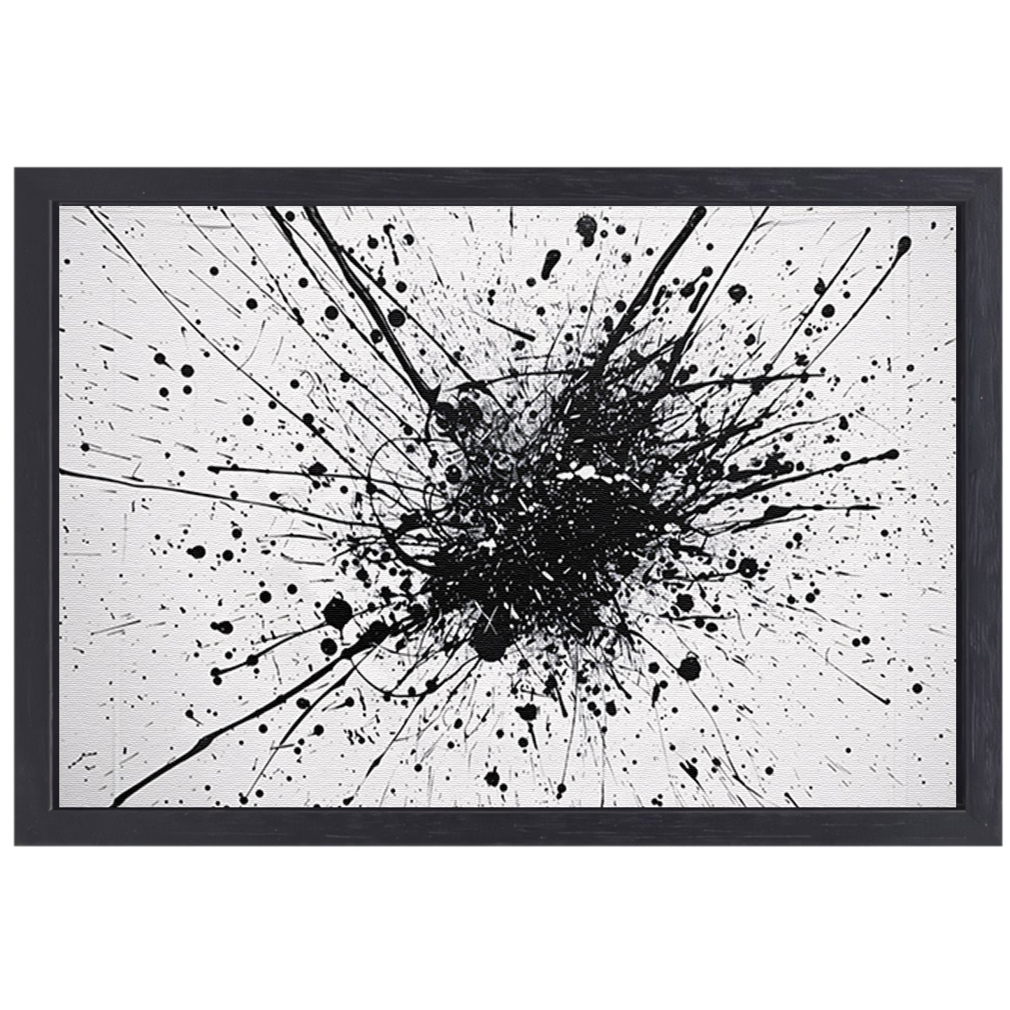 Abstracte kunst met zwarte en witte verfspatten canvas met baklijst