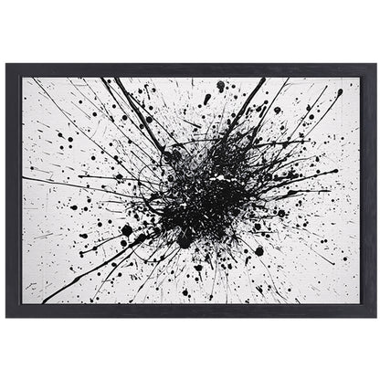 Abstracte kunst met zwarte en witte verfspatten canvas met baklijst